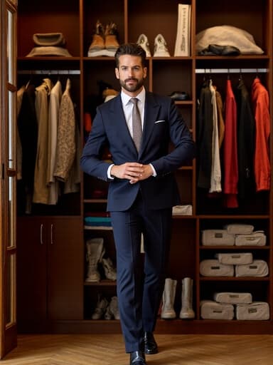 30대 후반의 세련된 유럽계 남성이 멋진 정장과 넥타이를 착용하고 자신감 넘치는 모습으로 화려한 옷장 앞에서 춤추는 자세를 취하고 있는 전체 모습입니다. 옷장에는 다양한 의상과 액세서리들이 정돈되어 있습니다.