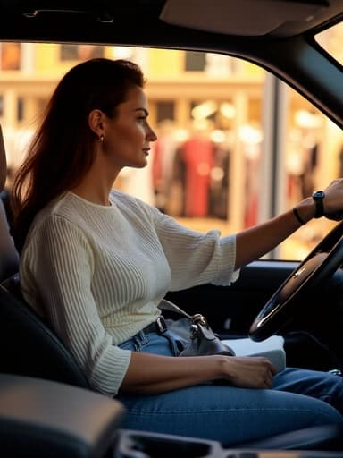 40대 초반의 자연스러운 외모를 가진 여성의 반신 사진. 세련된 블라우스와 진을 입고 운전대에 손을 얹고 앉아 있으며, 조수석에는 패션 가방이 놓여 있습니다. 그녀는 지루한 표정을 짓고 있습니다. 배경에는 다양한 의류와 액세서리가 진열된 화려한 패션 매장이 있어 그녀의 표정과 대조되는 활기찬 분위기를 연출합니다.