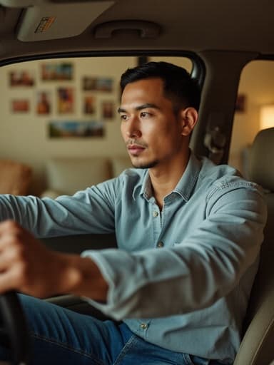 30대 중반의 동양인 남성이 편안한 캐주얼 복장을 입고 따뜻한 가족 거실에서 앉아 있는 반신 사진. 그는 긴장한 표정으로 주위를 살피며 운전대를 잡고 있으며, 배경에는 아늑한 소파와 가족 사진이 있어 편안하면서도 집중된 분위기를 자아냅니다.