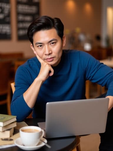 30대 중반의 아시아계 남성이 아늑한 카페 바닥에 앉아 캐주얼한 블루 셔츠와 검은 바지를 착용하고 있습니다. 그는 한 손으로 턱을 받치고 노트북을 바라보며 깊은 고민에 빠진 표정을 짓고 있습니다. 배경에는 따뜻한 카페 내부와 함께 몇 권의 책과 커피 잔이 놓인 테이블이 있어, 편안하면서도 사색적인 분위기를 더욱 돋보이게 합니다.