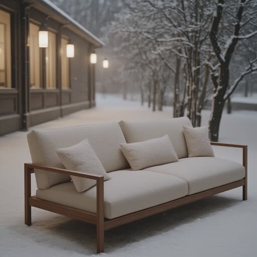 따뜻한 질감의 아늑한 소파, 매력적인 쿠션이 있는 소파가 눈 내리는 겨울 거리의 중심에 세련되게 놓여 있습니다. 부드러운 눈송이가 떨어지고, 따뜻한 자연 조명이 비추며, 배경은 눈으로 덮인 나무와 먼 거리의 가로등으로 약간 흐릿합니다. 부드러운 그림자가 드리워져 있습니다.