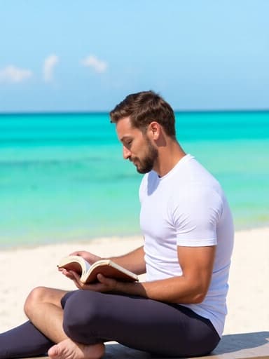 중년의 유럽계 남성이 편안한 필라테스 복장을 입고, 평온한 해변에서 책을 읽고 있는 반신 사진. 푸른 바다와 하늘이 어우러진 아름다운 배경이 이 장면의 차분한 분위기를 강조합니다.
