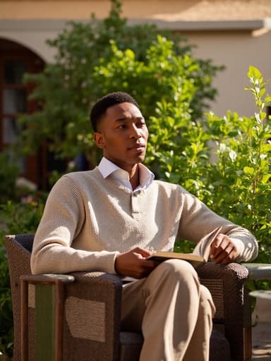 50대 초반의 혼혈 남성이 자연스러운 외모로 햇살이 비치는 테라스에 앉아 편안한 니트와 세련된 슬랙스를 입고 조용히 책을 읽고 있습니다. 푸른 식물들로 둘러싸인 아늑한 분위기가 평화롭고 초대하는 느낌을 줍니다.