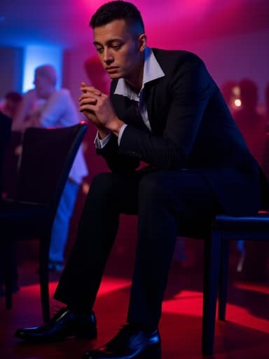 젊은 유럽계 남성이 정장을 입고 어두운 클럽에 앉아 있는 반신 사진입니다. 그는 슬픈 표정을 지으며 눈물이 흐르고, 두 손을 무릎에 올리고 고개를 숙이고 있습니다. 화려한 조명과 북적이는 군중이 있는 배경은 그의 감정 상태와 강한 대조를 이룹니다.