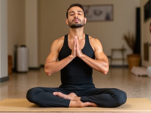 20대 후반의 중동계 남성이 편안한 요가복을 착용하고 균형 잡힌 요가 자세를 취하고 있는 반신 사진. 그는 평화롭고 자유로운 표정을 지으며 아늑한 실내 운동장 배경 속에 있습니다.