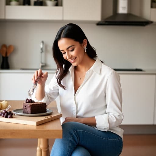 세련된 외모의 중동계 20대 중반 여성이 반신 촬영으로 포착되었습니다. 그녀는 깔끔한 화이트 블라우스와 진한 청색 청바지를 착용하고 있으며, 현대적인 주방 테이블에 앉아 한 다리를 뻗고 아름답게 세팅된 디저트를 향해 손을 뻗고 있습니다. 밝은 주방 배경과 다양한 주방용품이 이 장면의 따뜻한 분위기를 더해줍니다.