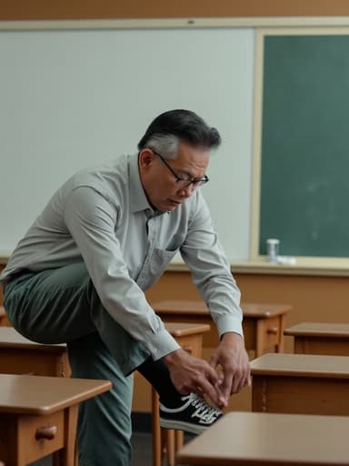 이미지는 학급에서 캐주얼한 복장과 운동화를 착용한 50대 초반 아시아계 남성이 한쪽 발을 들어 올려 신발을 신는 모습을 보여줍니다. 그의 표정은 불만스러움을 반영하며, 전형적인 학습 환경에서 관계있는 순간을 만들어냅니다.