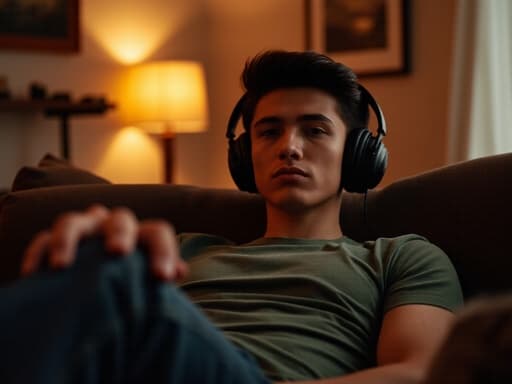 20대 초반의 유럽계 남성이 아늑한 거실의 소파에 앉아 편안한 티셔츠와 청바지를 입고, 이어폰을 끼고 음악에 몰입한 찡그린 표정을 지으며 반신 촬영된 모습입니다. 따뜻한 장식의 방은 편안함과 개인 공간의 느낌을 더욱 강조합니다.
