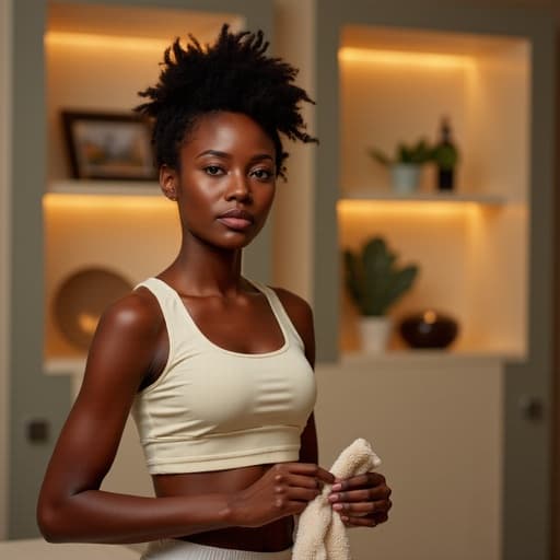 20대 후반의 아프리카계 여성이 편안한 운동복을 입고 청소 도구를 들고 긴장한 표정을 짓고 있는 반신 샷, 아늑한 마사지샵의 내부를 배경으로 하여 차분하면서도 전문적인 분위기를 반영합니다.