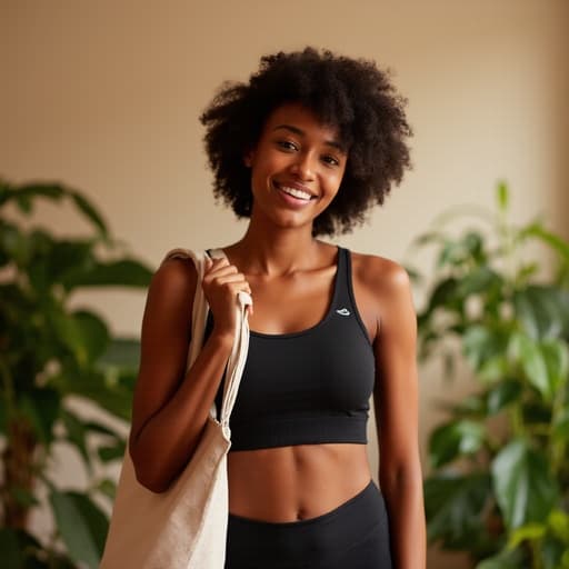 이 이미지는 아늑한 요가 스튜디오에서 편안한 운동복을 입고 있는 20대 중반의 흑인 여성을 보여줍니다. 그녀는 친근한 미소를 지으며 요가 매트와 어깨에 메고 있는 가방을 들고 서 있으며, 부드러운 조명과 식물들로 둘러싸여 있습니다.