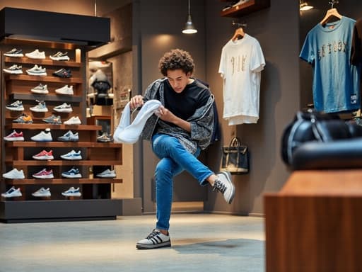 20대 후반의 자신감 있는 아시아계 남성이 캐주얼한 티셔츠와 스타일리시한 청바지를 입고, 트렌디한 운동화를 신기 위해 한쪽 발을 들어 올리고 있는 모습이 담긴 반신 사진. 배경은 다양한 신발이 진열된 활기찬 패션 매장입니다.