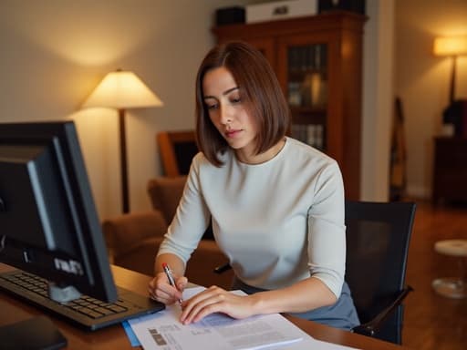 50대 초반의 중동계 여성이 아늑한 집 사무실에 앉아 컴퓨터 화면을 바라보며 메모하는 모습의 반신 사진입니다. 깔끔한 블라우스와 정장 스커트를 착용하였으며, 따뜻한 조명이 아늑한 분위기를 더해줍니다.