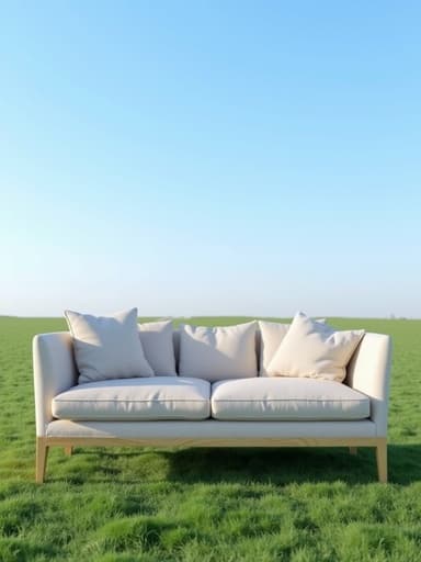 맑은 하늘과 푸른 잔디밭에 있는 소파, 평화롭고 편안한 분위기.