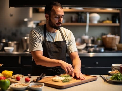 50대 초반의 중동계 남성이 주방 앞치마와 편안한 복장을 하고 지루한 표정을 지으며 현대적인 식당 주방에서 요리 재료와 상호작용하는 반신 촬영. 주방은 다양한 조리 도구와 재료로 어지럽혀져 있어 활기차지만 혼란스러운 분위기를 연출합니다.