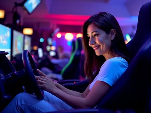 40대 초반의 유럽계 여성이 편안한 티셔츠와 청바지를 입고 자연스러운 미소를 지으며 태블릿을 사용하는 모습이 반신 촬영으로 담겨 있습니다. 그녀는 운전하는 듯한 자세로 행복해 보이며, 배경에는 다양한 게임 기기와 화려한 조명이 있는 게임방이 있어 에너제틱한 분위기를 연출합니다.