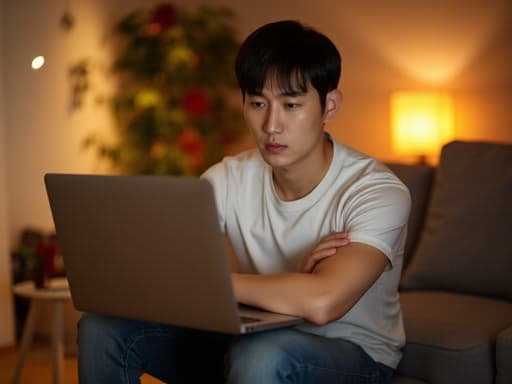 20대 중반의 자연스러운 외모를 가진 한국 남성이 편안한 티셔츠와 청바지를 입고 거실의 소파에 앉아 노트북 화면을 바라보며 팔짱을 끼고 불만스러운 표정을 짓고 있는 반신 촬영 이미지입니다. 아늑한 거실 환경이 편안한 공간의 분위기를 자아냅니다.