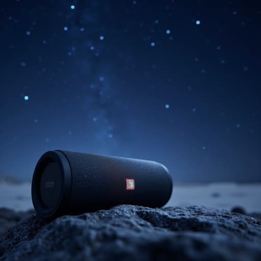 반짝이는 별이 있는 밤하늘에서 블루투스 스피커, 고요하고 평화로운 분위기.