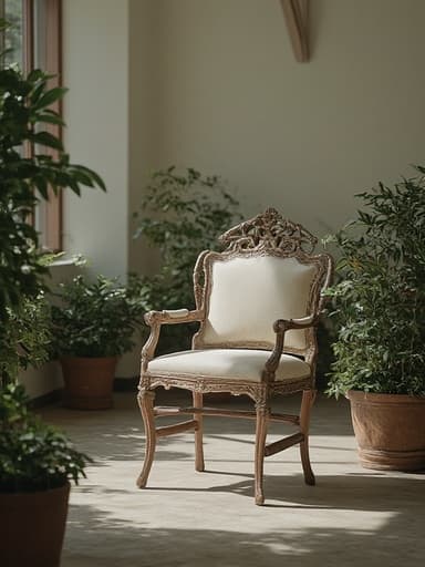 고급 레스토랑 테라스에 우아한 장식 의자, 부드러운 그림자를 드리우는 햇빛, 나무 및 금속 질감, 푸르른 배경, 세련되고 매력적