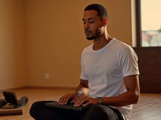 40대 초반의 혼혈 남성이 편안한 운동복을 입고 요가 스튜디오에서 컴퓨터를 타이핑하고 있는 모습입니다. 무표정으로 집중하는 그의 모습은 부드러운 조명과 요가 매트가 깔린 배경과 함께 고요한 분위기를 더욱 강조합니다.