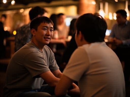 40대 중반의 동양인 남성이 자연스러운 외모로 캐주얼한 티셔츠와 청바지를 입고, 바닥에 앉아 친구와의 대화 중 걱정스러운 표정을 짓고 있는 모습. 배경은 친구들과 함께 즐거운 시간을 보내는 활기찬 바의 분위기입니다.