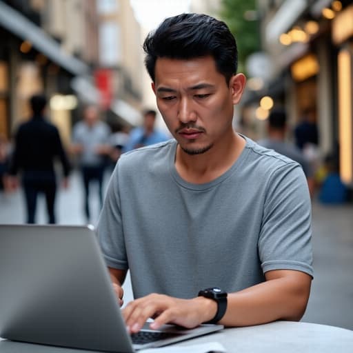 30대 중반의 아시아계 남성이 캐주얼한 복장을 하고 바쁜 거리에서 노트북을 타이핑하고 있는 모습이 반신 촬영되어 있습니다. 그의 긴장한 표정과 스마트워치는 현대 생활의 압박을 잘 나타내고 있습니다.