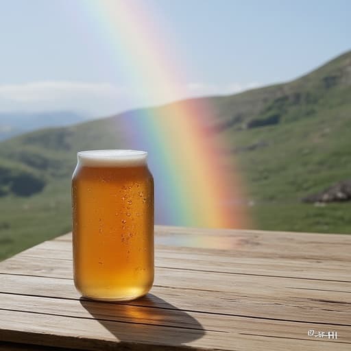 나무 피크닉 테이블 위의 맥주, 캔에 맺힌 응축 물방울, 맑은 푸른 하늘의 무지개, 즐겁고 상쾌한 분위기.