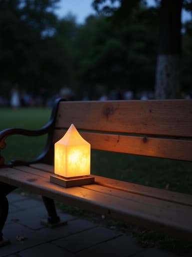 저녁 공원 벤치 위에 아늑한 무드등, 나무 결이 부드러운 따뜻한 빛으로 비추어지고, 녹지로 둘러싸여 있는, 사진처럼 현실적인, 자연광