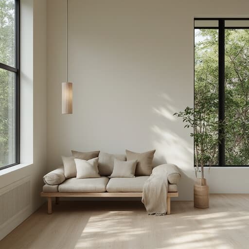 스칸디나비아 스타일 거실에 있는 초현실적인 소파, 따뜻하고 초대하는 분위기, 평화로운