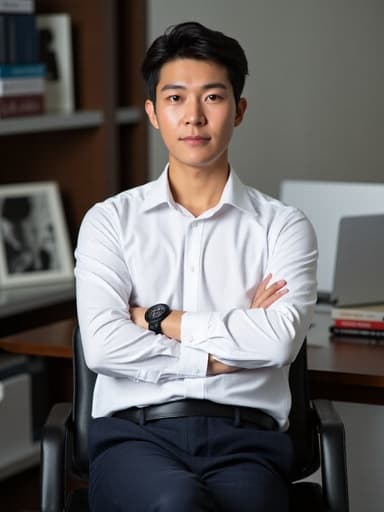 30대 초반 동양인 남성이 깔끔한 흰색 셔츠와 어두운 색 바지를 입고, 팔짱을 끼고 다리를 꼬고 앉아 무관심한 표정을 짓고 있는 반신 사진. 배경은 책상, 책, 노트북이 있는 사무실 환경이다.