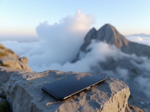rugged stone surface에 놓인 스마트폰, 구름이 있는 산 정점, 평화롭고 모험적인 분위기