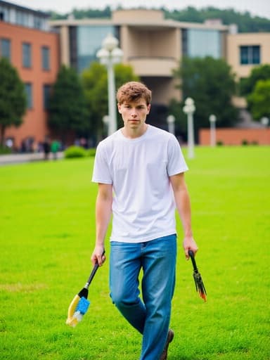 10대 후반의 백인 남성이 편안한 티셔츠와 청바지를 입고 대학 캠퍼스의 잔디밭에 서서 청소 도구를 들고 우아한 표정을 짓고 있습니다. 주변을 돌보는 책임감과 배려를 나타내고 있습니다.