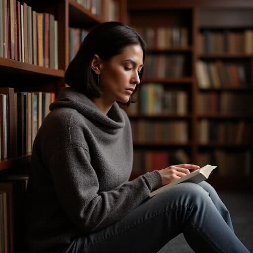 40대 초반의 백인 여성이 편안한 니트와 청바지를 입고 조용한 도서관 바닥에 앉아 책에 깊이 집중하고 있는 모습의 반신 사진입니다. 주위에는 다양한 책들이 진열된 서가가 있어 따뜻하고 아늑한 분위기를 만들어 그녀의 집중력을 더해줍니다.