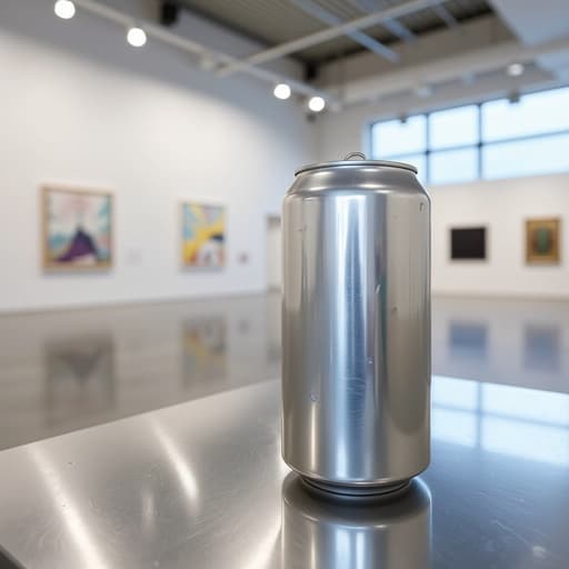 음료 캔, 약간의 찌그러짐이 있는 금속 표면, 천장 조명에서 반사, 흰색 벽과 현대 미술 작품이 있는 미술관, 큰 창문을 통해 들어오는 부드러운 자연광, 부드럽고 초대하는 분위기.