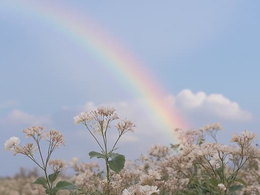 구름이 낀 푸른 하늘과 화려한 무지개를 배경으로 한 드라이플라워, 차분하고 기분이 좋은