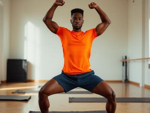 20대 중반의 근육질 아프리카계 남성이 편안한 운동복을 입고 필라테스 스튜디오에서 역동적인 춤 자세를 취하고 있습니다. 그의 표정은 분노와 집중력을 보여주며, 팔을 위로 뻗고 다리를 벌린 모습이 고요한 환경 속의 운동 매트와 기구들로 둘러싸여 있습니다.
