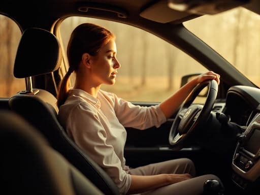 이 이미지는 자연스러운 외모를 가진 30대 후반의 여성이 편안한 블라우스와 슬랙스를 입고 아늑한 집 사무실에서 차분하게 작업 환경과 상호작용하며 핸들을 부드럽게 잡고 있는 모습을 보여줍니다. 집중과 생산성의 고요한 분위기를 연출합니다.