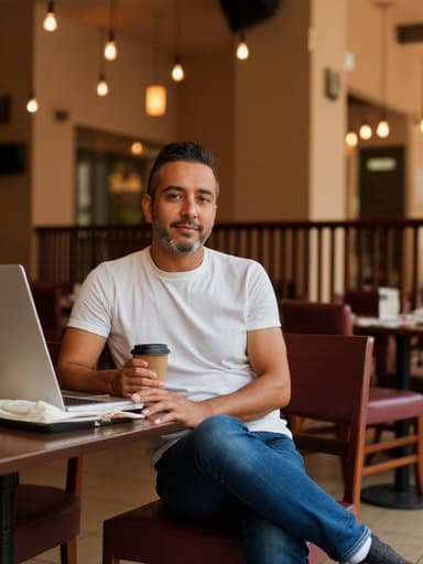 50대 초반의 중동계 남성이 캐주얼한 티셔츠와 청바지를 입고 아늑한 레스토랑에서 편안한 순간을 즐기고 있습니다. 그는 한 손에 음료를 들고 컴퓨터에 집중하고 있으며, 따뜻하고 초대하는 분위기의 인테리어로 둘러싸여 있습니다.