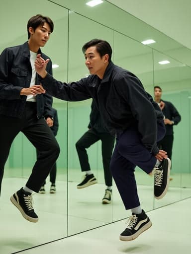 트렌디한 자켓과 슬랙스를 입은 40대 중반의 한국 남성이 거울 방에서 자신의 모습을 확인하며 점프하는 모습으로, 고민하는 표정과 약간의 긴장감을 드러내고 있습니다.