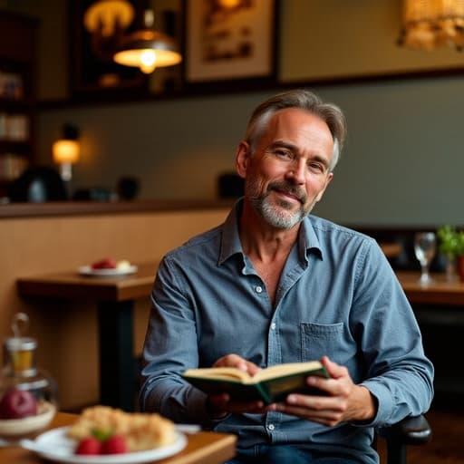 50대 초반의 혼혈 남성이 자연스러운 외모를 가지고 캐주얼한 셔츠와 청바지를 입고 있는 반신 사진입니다. 그는 아늑한 카페에 편안하게 앉아 한 손으로 책을 들고 다른 손으로 페이지를 넘기고 있습니다. 차분한 표정을 지으며 편안한 분위기를 연출하고 있습니다. 그의 앞 테이블에는 다양한 파티 음식들이 놓여 있어 따뜻하고 초대하는 환경을 만들어냅니다.