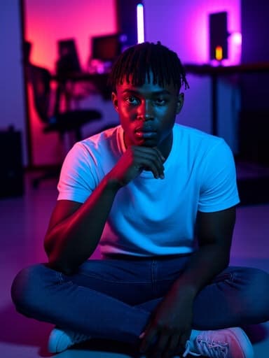 20대 후반 아프리카계 남성이 게임방에 앉아 캐주얼한 티셔츠, 청바지, 스니커즈를 착용하고 있습니다. 그는 턱을 손가락에 괴고 화면을 응시하며 당황한 표정을 짓고 있습니다. 배경에는 화려한 게임 조명과 여러 대의 컴퓨터가 있어 활기찬 분위기를 만들어냅니다.