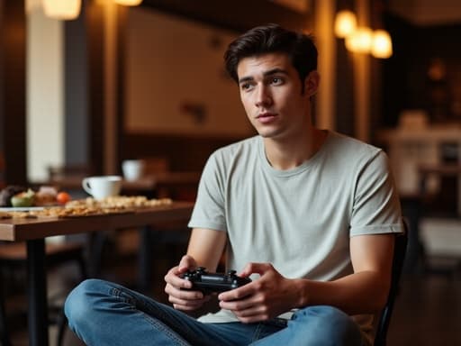 혼혈 남성의 10대 후반 소년이 아늑한 카페에서 다리를 꼬고 앉아 게임 컨트롤러를 들고 당황한 표정을 짓고 있습니다. 그는 캐주얼한 티셔츠와 청바지를 입고 있으며, 그 앞의 테이블에는 커피 잔과 간단한 간식이 놓여 있어 카페의 아늑한 분위기를 더합니다.