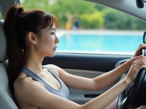 30대 초반 한국인 여성이 편안한 요가복을 착용하고 운전하는 자세로 반신 촬영된 이미지입니다. 그녀는 핸들을 잡고 불안한 표정을 짓고 있으며, 배경에는 평화로운 야외 수영장이 보입니다. 그녀의 내적 긴장감과 고요한 환경이 대조를 이루고 있습니다.