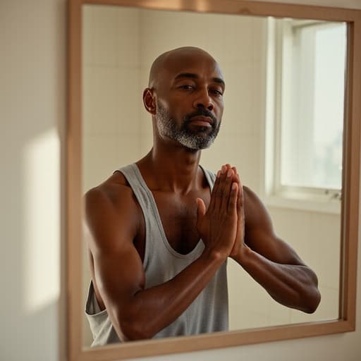 이 이미지는 편안한 요가 복을 입고 있는 50대 초반의 아프리카계 남성이 반신 샷으로 촬영된 모습을 보여줍니다. 그는 요가 자세를 취하면서 거울 속 자신을 깊은 생각에 잠겨 바라보고 있으며, 아늑한 화장실 배경과 밝은 조명, 깨끗한 타일이 어우러져 차분하고 성찰적인 분위기를 만들어냅니다.
