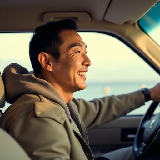 40대 중반의 한국 남성이 편안한 캐주얼 의상을 입고 행복한 미소를 지으며 핸들을 잡고 있는 모습이 담긴 반신 사진입니다. 아늑한 침실 배경에서 창문을 통해 자연광이 들어와 따뜻한 분위기를 더하고 있습니다.
