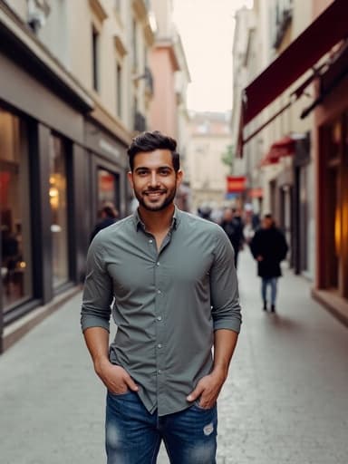 30대 후반의 자연스러운 외모를 가진 라틴계 남성이 스타일리시한 캐주얼 의상인 세련된 셔츠와 청바지를 착용하고 있는 반신 사진입니다. 그는 손을 주머니에 넣고 기다리는 자세로 편안한 느낌을 주며 긍정적인 표정을 짓고 있습니다. 배경은 다양한 상점과 사람들로 가득한 활기찬 쇼핑 거리 풍경을 보여줍니다.