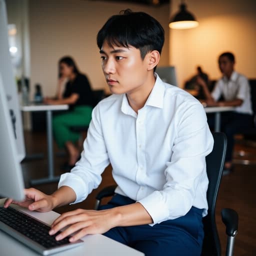 세련된 화이트 셔츠와 네이비 블루 슬랙스를 입은 10대 후반 아시아계 남성이 현대적인 공유 오피스에서 의자에 앉아 컴퓨터 모니터를 바라보며 손은 키보드 위에 올려놓고 자신감 있는 모습으로 주변의 다른 사람들과 함께 일하는 분위기가 느껴진다.