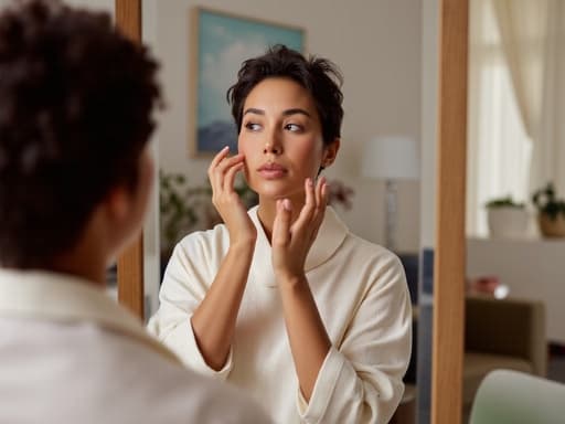 40대 초반의 혼혈 여성은 편안한 홈웨어를 입고 거울 앞에서 화장하고 있습니다. 그녀는 자연스러운 외모와 편안한 표정을 지으며, 아늑한 거실의 소파와 커피 테이블이 배경에 있어 따뜻하고 초대하는 분위기를 자아냅니다.