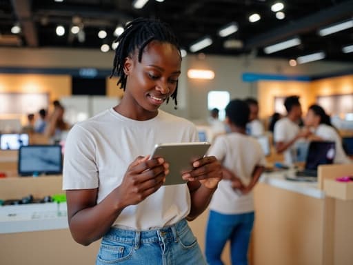 전자 매장에서 자신감 있게 서 있는 10대 후반 아프리카계 남성이 태블릿을 들고 화면을 바라보며 편안한 표정을 짓고 있습니다. 그는 편안한 티셔츠와 청바지를 입고 있으며, 캐주얼하면서도 세련된 모습을 가지고 있습니다. 배경에는 다양한 전자기기가 진열되어 있어 그가 사용하는 태블릿에 더욱 집중할 수 있게 합니다.