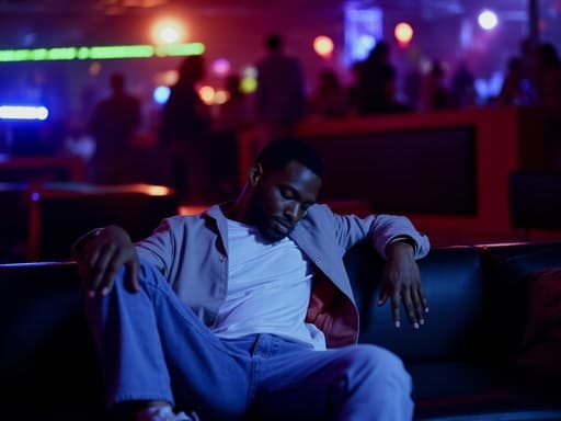 어두운 조명의 클럽 내부 소파에 앉아 슬픔과 고독을 표현하며 팔걸이에 기대고 고개를 약간 숙인 30대 중반의 흑인 남성의 반신 사진. 배경에는 흐릿한 사람들의 실루엣과 다양한 색상의 조명이 어우러져, 활기찬 환경 속에서 고독한 분위기를 만들어냅니다.
