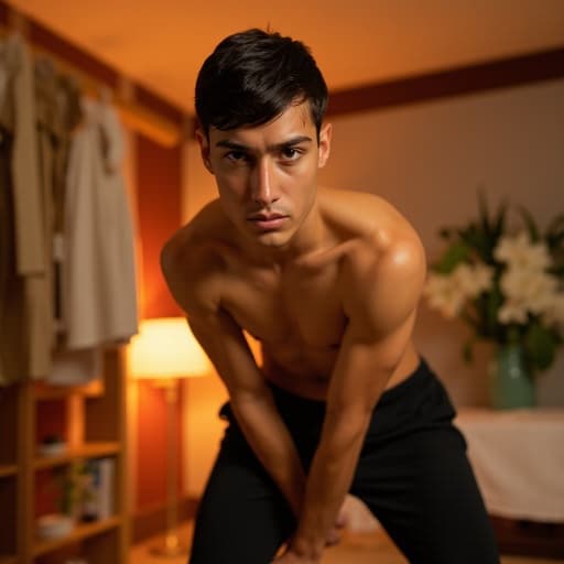 20대 중반의 라틴계 남성이 운동복을 입고 마사지샵에서 몸을 약간 앞으로 숙이며 긴장한 표정을 짓고 있는 모습. 아늑하고 부드러운 조명이 비추는 편안한 분위기 속에서 그의 감정 상태와 평화로운 환경의 대비가 강조됩니다.